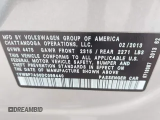 2013 Volkswagen Passat SE with VIN 1VWBP7A30DC098440, listed as a IAAI auction lot 42722686 with 305,716 mi miles and . Bid and sale history available at DreamBid. Image 9.