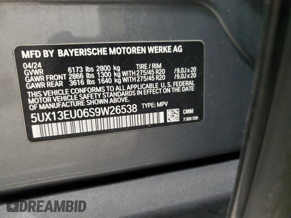 2025 BMW X5 sDrive40i with VIN 5UX13EU06S9W26538, listed as a Copart auction lot 50222715 with 0 mi miles and Clean Title. Bid and sale history available at carsss.com. Image 13.
