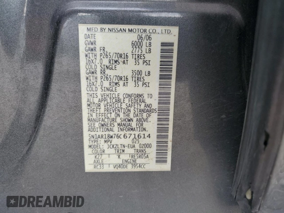 2006 Nissan Pathfinder SE with VIN 5N1AR18W76C671614, listed as a Copart auction lot 61394934 with 237,221 mi miles and Salvage Title. Bid and sale history available at carsss.com. Image 13.