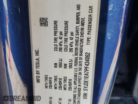 2023 Tesla Model 3 with VIN 5YJ3E1EA7PF434062, listed as a Copart auction lot 47877835 with Not provided miles and Clean title. Bid and sale history available at DreamBid. Image 12.