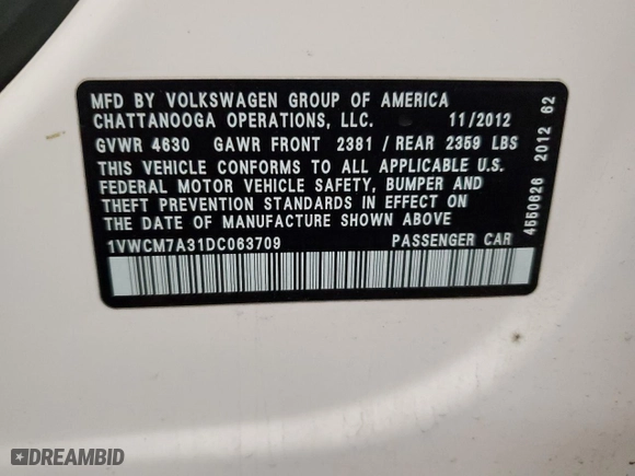 2013 Volkswagen Passat SEL Premium with VIN 1VWCM7A31DC063709, listed as a Copart auction lot 78717804 with 120,271 mi miles and Salvage Title. Bid and sale history available at carsss.com. Image 12.
