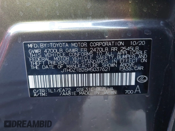 2021 Lexus IS 350 F Sport with VIN JTHGZ1B26M5037621, listed as a IAAI auction lot 42271422 with 42,719 mi miles and . Bid and sale history available at DreamBid. Image 9.