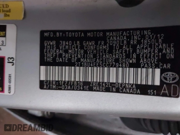 2012 Toyota Corolla L with VIN 2T1BU4EE5CC779480, listed as a IAAI auction lot 41914054 with 143,105 mi miles. Bid and sale history available at carsss.com. Image 9.