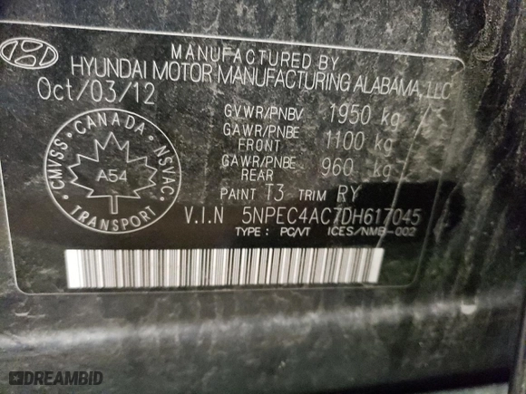 2013 Hyundai Sonata SE with VIN 5NPEC4AC7DH617045, listed as a Copart auction lot 43932015 with 222,786 mi miles and Clean Title. Bid and sale history available at carsss.com. Image 13.