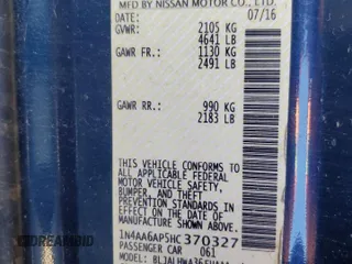 2017 Nissan Maxima SV with VIN 1N4AA6AP5HC370327, listed as a Copart auction lot 58392405 with Not provided miles and Salvage title. Bid and sale history available at DreamBid. Image 12.