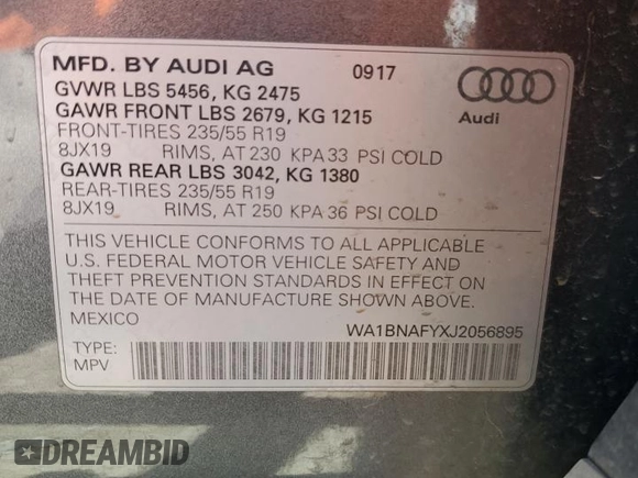 2018 Audi Q5 Premium Plus with VIN WA1BNAFYXJ2056895, listed as a Copart auction lot 52614905 with 87,456 mi miles and Salvage title. Bid and sale history available at DreamBid. Image 13.