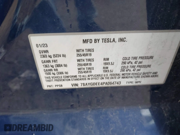 2023 Tesla Model Y Long Range with VIN 7SAYGDEE4PA064743, listed as a IAAI auction lot 41523760 with 41,113 mi miles. Bid and sale history available at carsss.com. Image 9.