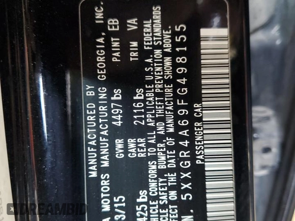 2015 Kia Optima SXL Turbo with VIN 5XXGR4A69FG498155, listed as a Copart auction lot 50351495 with 140,309 mi miles and Salvage title. Bid and sale history available at DreamBid. Image 12.