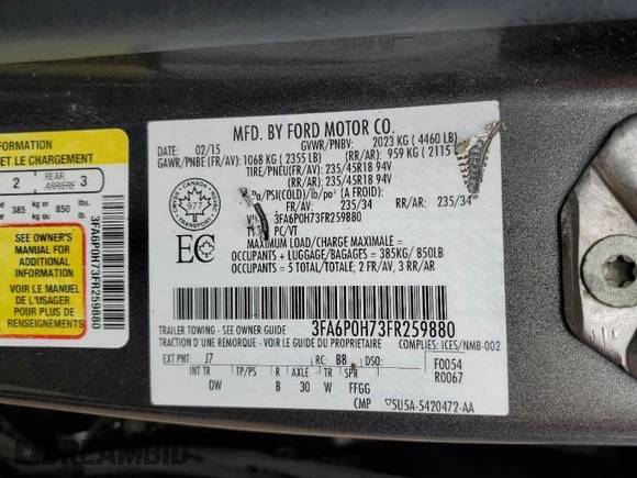 2015 Ford Fusion SE z VIN 3FA6P0H73FR259880, wystawiony jako Copart lot #61133835 z przebiegiem Nie podano mil oraz Szkoda całkowita • Salvage title. Historia ofert i sprzedaży dostępna na DreamBid. Obrazek 13.