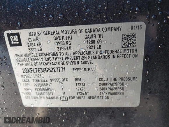 2016 GMC Terrain SLE with VIN 2GKFLTE36G6227771, listed as a IAAI auction lot 41429462 with 147,045 mi miles. Bid and sale history available at carsss.com. Image 9.