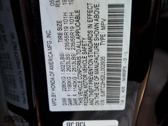 2020 Acura RDX w/Technology Pkg with VIN 5J8TC2H52LL002935, listed as a Copart auction lot 42392165 with 0 mi miles and Salvage Title. Bid and sale history available at carsss.com. Image 12.