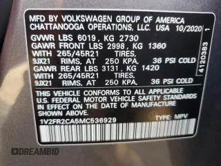2021 Volkswagen Atlas SEL Premium R-Line with VIN 1V2FR2CA5MC536929, listed as a Copart auction lot 44397425 with 60,565 mi miles and Salvage title. Bid and sale history available at DreamBid. Image 14.