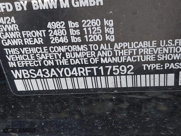 2024 BMW M3 Competition xDrive with VIN WBS43AY04RFT17592, listed as a IAAI auction lot 41868040 with 1 mi miles. Bid and sale history available at carsss.com. Image 9.