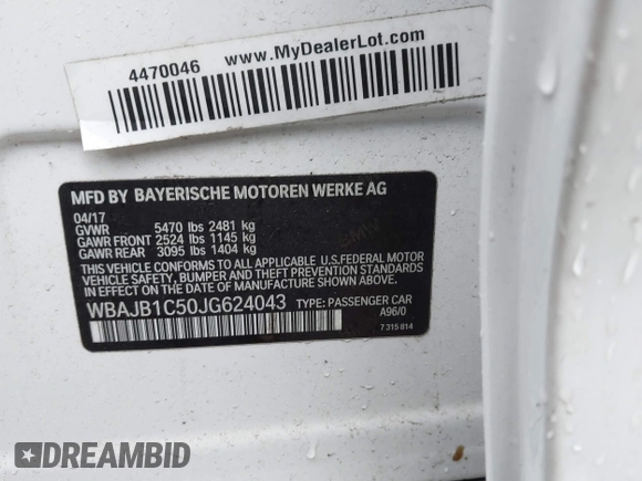 2018 BMW 5 Series 530e xDrive with VIN WBAJB1C50JG624043, listed as a IAAI auction lot 41814687 with 41,301 mi miles and . Bid and sale history available at DreamBid. Image 9.