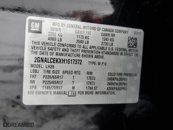 2017 Chevrolet Equinox LT with VIN 2GNALCEKXH1617372, listed as a Copart auction lot 45141145 with 129,166 mi miles and Salvage Title. Bid and sale history available at carsss.com. Image 14.