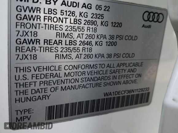 2022 Audi Q3 S line Premium with VIN WA1DECF36N1129233, listed as a Copart auction lot 57403645 with 27,837 mi miles and Salvage title. Bid and sale history available at DreamBid. Image 13.