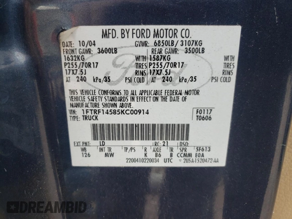 2005 Ford F-150 XL with VIN 1FTRF14585KC00914, listed as a Copart auction lot 43589325 with 181,304 mi miles and Salvage Title. Bid and sale history available at carsss.com. Image 15.