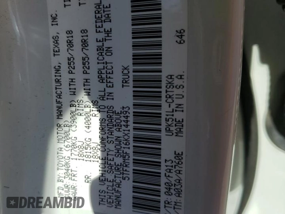 2019 Toyota Tundra SR with VIN 5TFRM5F16KX144493, listed as a Copart auction lot 48782385 with 135,742 mi miles and Salvage title. Bid and sale history available at DreamBid. Image 14.