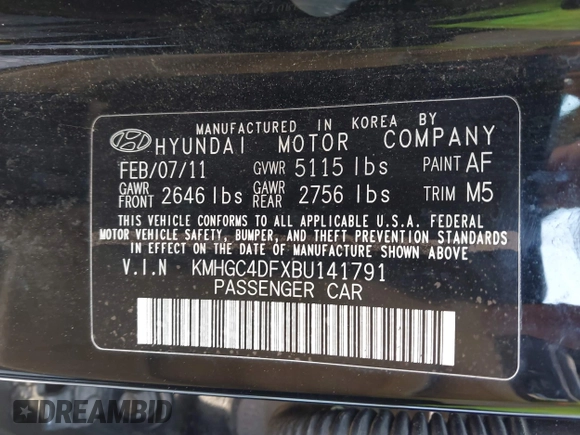 2011 Hyundai Genesis with VIN KMHGC4DFXBU141791, listed as a IAAI auction lot 41903276 with 215,161 mi miles and . Bid and sale history available at DreamBid. Image 9.