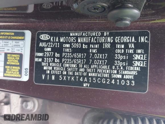 2012 Kia Sorento LX z VIN 5XYKT4A15CG241033, wystawiony jako IAAI lot #42439153 z przebiegiem 248 220 mil mil oraz . Historia ofert i sprzedaży dostępna na DreamBid. Obrazek 9.