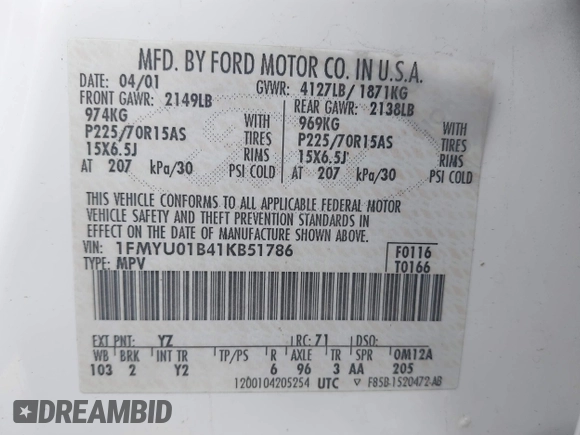 2001 Ford Escape XLS with VIN 1FMYU01B41KB51786, listed as a IAAI auction lot 42362862 with 274,200 mi miles and . Bid and sale history available at DreamBid. Image 9.