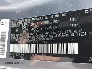 2023 Toyota Highlander L with VIN 5TDKDRBH7PS014618, listed as a IAAI auction lot 42363989 with 39,142 mi miles and . Bid and sale history available at DreamBid. Image 9.
