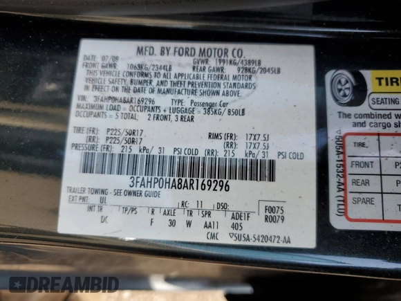 2010 Ford Fusion SE with VIN 3FAHP0HA8AR169296, listed as a Copart auction lot 61769515 with 174,063 mi miles and Salvage title. Bid and sale history available at DreamBid. Image 12.