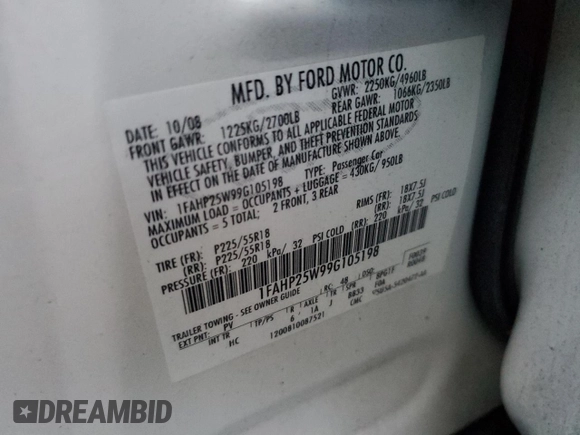 2009 Ford Taurus Limited with VIN 1FAHP25W99G105198, listed as a Copart auction lot 79578674 with 120,123 mi miles and Salvage Title. Bid and sale history available at carsss.com. Image 12.