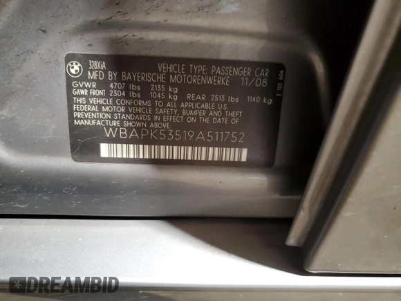 2009 BMW 3 Series 328i xDrive with VIN WBAPK53519A511752, listed as a Copart auction lot 60935025 with 129,307 mi miles and Salvage title. Bid and sale history available at DreamBid. Image 12.