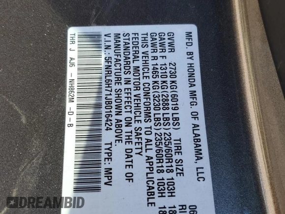 2018 Honda Odyssey EX-L z VIN 5FNRL6H71JB016424, wystawiony jako Copart lot #53859505 z przebiegiem 91 669 mil mil oraz Szkoda całkowita • Salvage title. Historia ofert i sprzedaży dostępna na DreamBid. Obrazek 13.