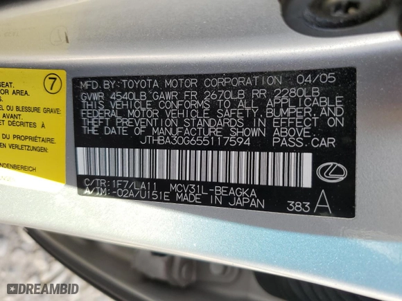 2005 Lexus ES 330 with VIN JTHBA30G655117594, listed as a Copart auction lot 50234725 with 227,603 mi miles and Salvage Title. Bid and sale history available at carsss.com. Image 14.
