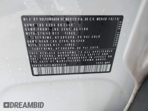 2020 Volkswagen Tiguan SE with VIN 3VV3B7AX2LM055418, listed as a IAAI auction lot 41248422 with Not Provided miles and . Bid and sale history available at DreamBid. Image 9.