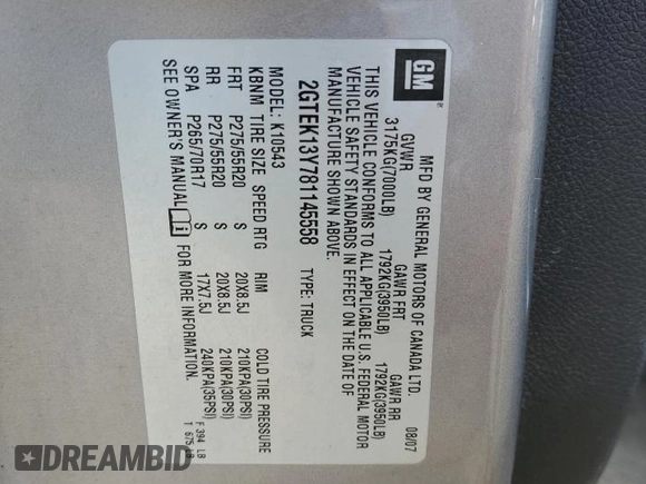 2008 GMC Sierra 1500 with VIN 2GTEK13Y781145558, listed as a Copart auction lot 54287505 with Not Provided miles and Clean Title. Bid and sale history available at DreamBid. Image 12.