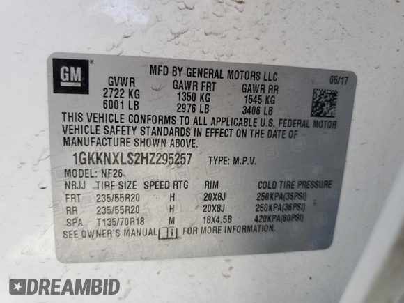 2017 GMC Acadia Denali with VIN 1GKKNXLS2HZ295257, listed as a Copart auction lot 57879415 with 76,953 mi miles and Salvage title. Bid and sale history available at DreamBid. Image 13.