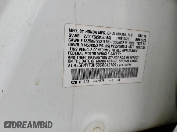 2012 Honda Pilot EX-L with VIN 5FNYF3H50CB042709, listed as a Copart auction lot 55885635 with 151,821 mi miles and Clean Title. Bid and sale history available at DreamBid. Image 13.