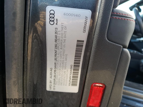 2019 Audi A4 Prestige with VIN WAUFNAF41KA062643, listed as a Copart auction lot 79484833 with 0 mi miles. Bid and sale history available at carsss.com. Image 12.