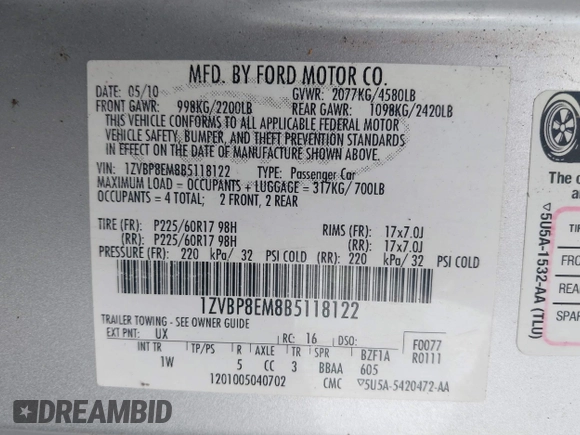2011 Ford Mustang V6 with VIN 1ZVBP8EM8B5118122, listed as a IAAI auction lot 42644272 with 171,930 mi miles and . Bid and sale history available at DreamBid. Image 9.