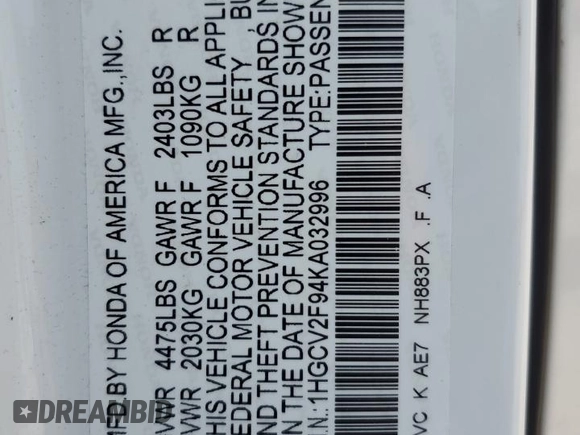 2019 Honda Accord Touring with VIN 1HGCV2F94KA032996, listed as a Copart auction lot 60283715 with 57,365 mi miles and Salvage title. Bid and sale history available at DreamBid. Image 14.
