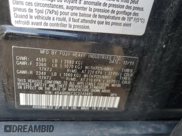 2012 Subaru Outback Limited with VIN 4S4BRBKC3C3240885, listed as a Copart auction lot 60055645 with 157,248 mi miles and Clean title. Bid and sale history available at DreamBid. Image 13.
