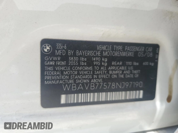 2008 BMW 3 Series 335i z VIN WBAVB77578NJ97190, wystawiony jako Copart lot #57488745 z przebiegiem 114 327 mil mil oraz Szkoda całkowita • Salvage title. Historia ofert i sprzedaży dostępna na DreamBid. Obrazek 12.