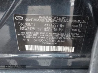 2012 Hyundai Sonata Limited with VIN 5NPEC4AC7CH434064, listed as a IAAI auction lot 41804365 with 107,835 mi miles and . Bid and sale history available at DreamBid. Image 9.