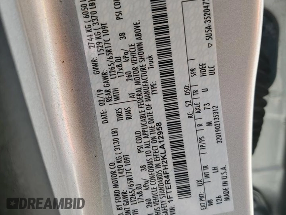2019 Ford Ranger XL with VIN 1FTER4FH2KLA12958, listed as a Copart auction lot 50587845 with 107,160 mi miles and Salvage Title. Bid and sale history available at DreamBid. Image 12.