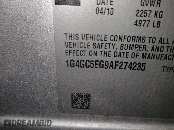 2010 Buick LaCrosse CXL with VIN 1G4GC5EG9AF274235, listed as a Copart auction lot 52219485 with Not provided miles and Non repairable. Bid and sale history available at DreamBid. Image 12.