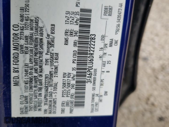 2013 Ford Fusion SE Hybrid with VIN 3FA6P0LU6DR222283, listed as a Copart auction lot 55337745 with 137,923 mi miles and Salvage title. Bid and sale history available at DreamBid. Image 12.
