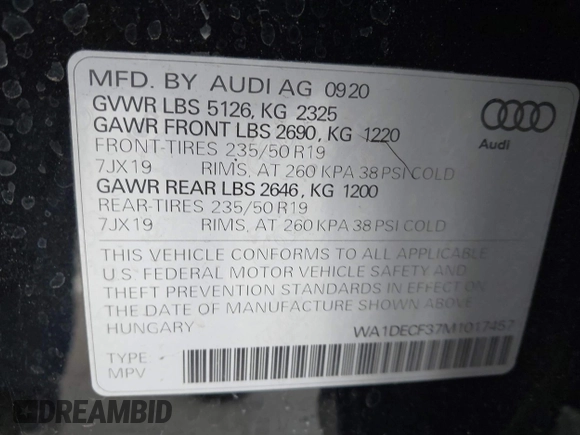 2021 Audi Q3 S line Premium with VIN WA1DECF37M1017457, listed as a IAAI auction lot 41998932 with 28,716 mi miles and . Bid and sale history available at DreamBid. Image 9.