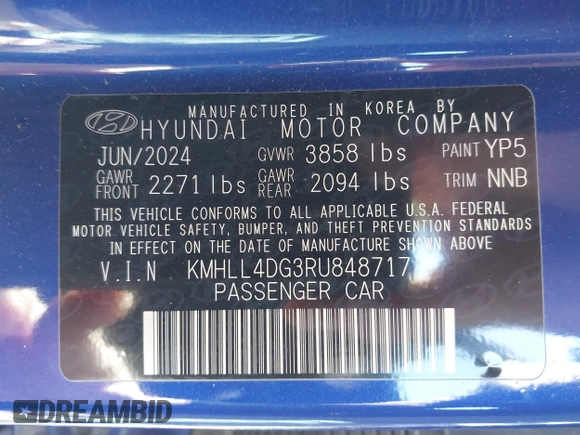2024 Hyundai Elantra SE with VIN KMHLL4DG3RU848717, listed as a IAAI auction lot 41942375 with 7,879 mi miles and . Bid and sale history available at DreamBid. Image 9.