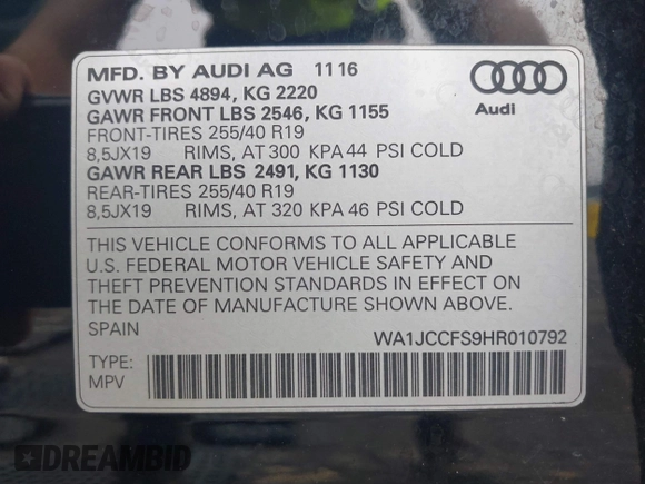 2017 Audi Q3 Premium Plus with VIN WA1JCCFS9HR010792, listed as a IAAI auction lot 42370894 with 99,034 mi miles and . Bid and sale history available at DreamBid. Image 9.