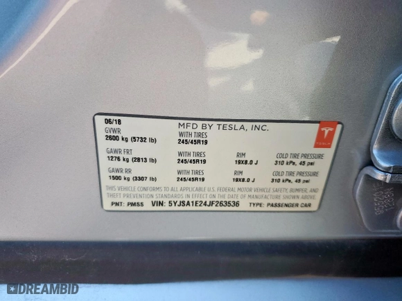 2018 Tesla Model S 75D with VIN 5YJSA1E24JF263536, listed as a Copart auction lot 45871445 with NaN miles and Clean Title. Bid and sale history available at carsss.com. Image 12.