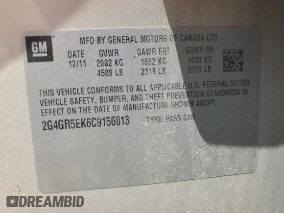2012 Buick Regal with VIN 2G4GR5EK6C9156013, listed as a Copart auction lot 61579355 with 103,127 mi miles and Salvage title. Bid and sale history available at DreamBid. Image 13.