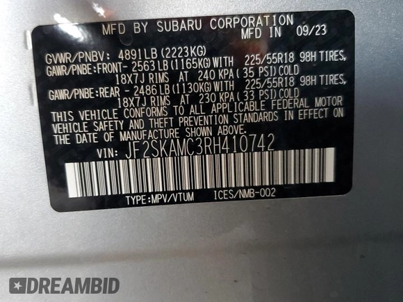 2024 Subaru Forester Touring z VIN JF2SKAMC3RH410742, wystawiony jako Copart lot #48563465 z przebiegiem 8 344 mil mil oraz Szkoda całkowita • Salvage title. Historia ofert i sprzedaży dostępna na DreamBid. Obrazek 13.